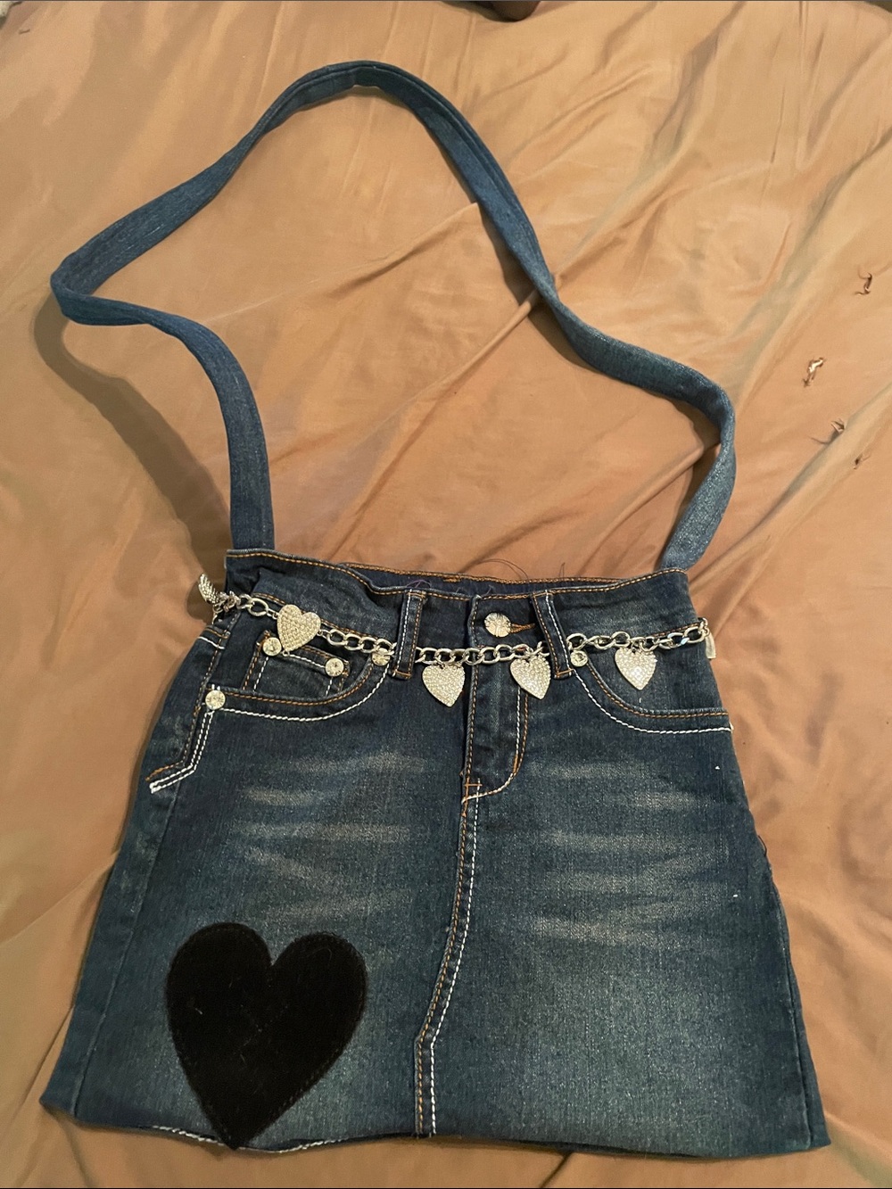 Handcrafted Denim crossbody Bag with Heart Patch and heart charms 11x13